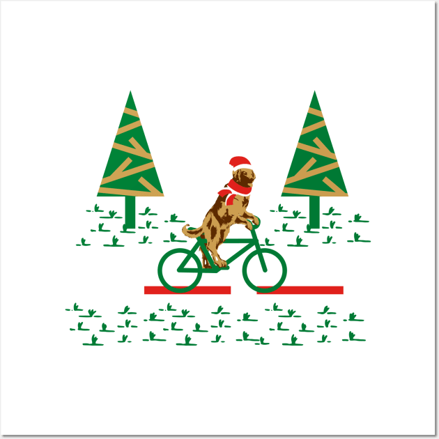 Dogs Day Out on a Bike- Golden Retriever with Santa's Hat and scarf Wall Art by Winkeltriple